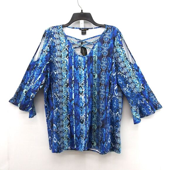 Robert Louis Shirt Womens Size L Blue Slit Sleeve Keyhole V-Neck Pullover Blouse - Picture 1 of 8